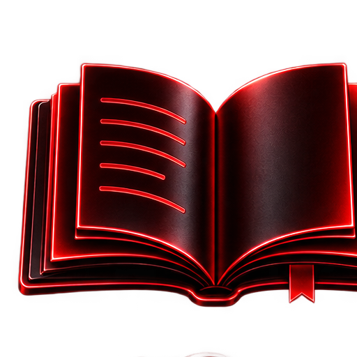 Open book with red neon outline and text lines, glowing edges, and a bookmark on the right side.