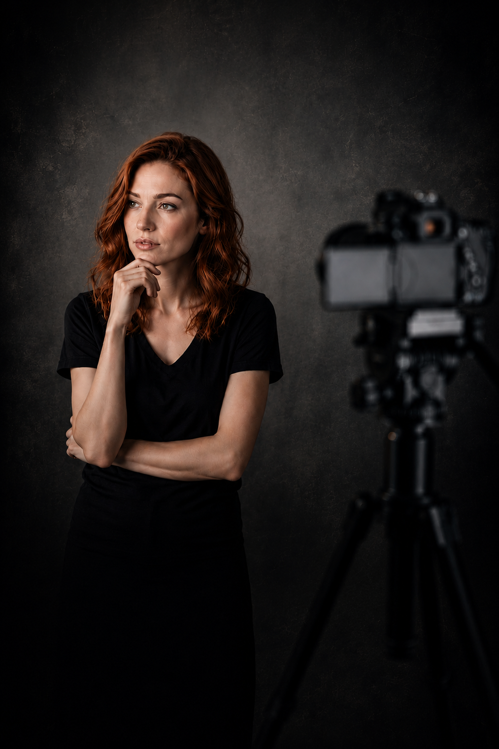 A woman with red hair and a thoughtful expression standing in front of a dark background, looking at a camera on a tripod.