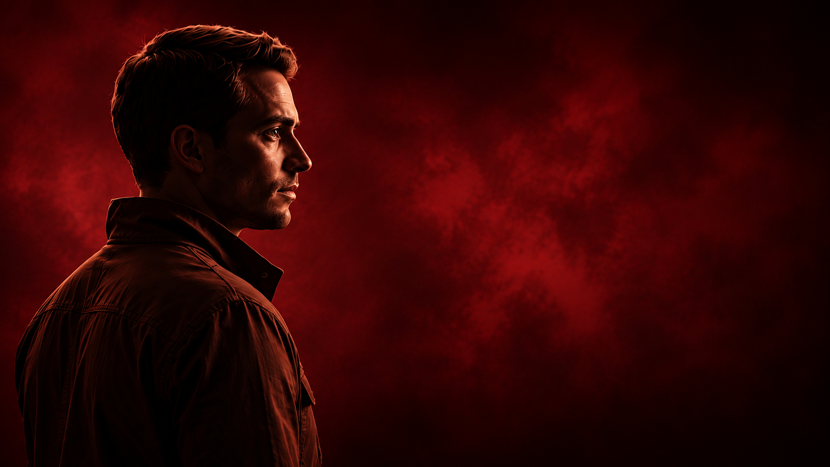 Side profile of a man with dark hair wearing a brown shirt against a red smoky background.