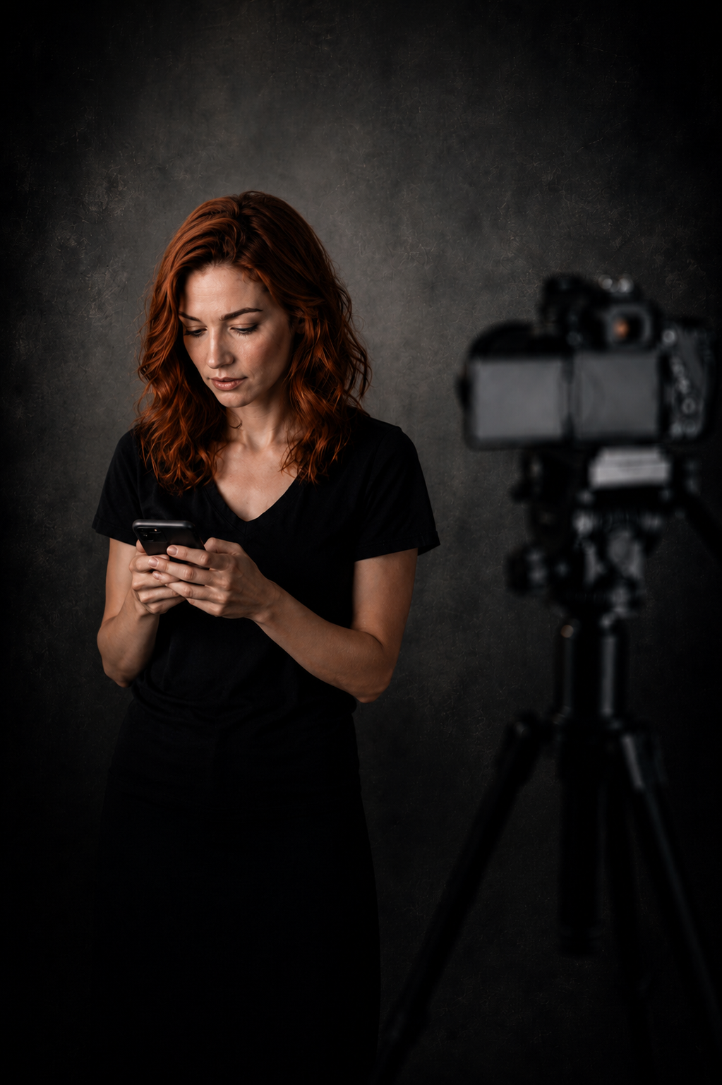 Woman with red hair looking at her phone in front of a camera on tripod against a dark textured background.