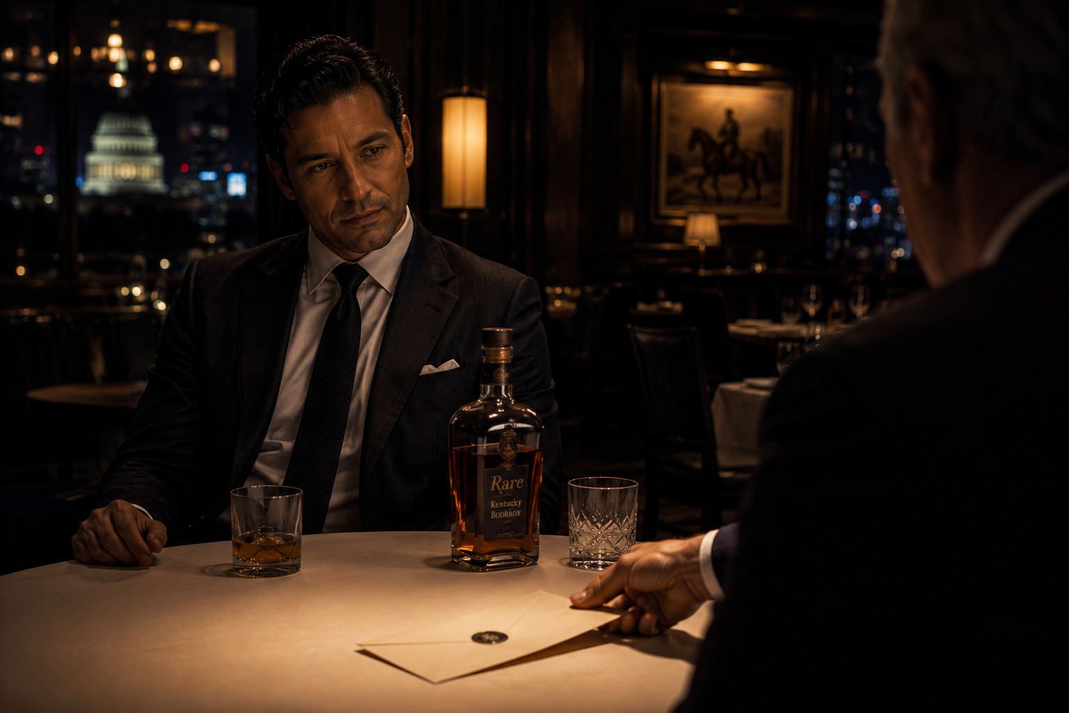 Two men in suits having a serious conversation at a dimly lit restaurant table, with a bottle of bourbon and two glasses, one filled with ice and bourbon, and the other empty. The background shows a view of the Washington, D.C. city skyline at night.