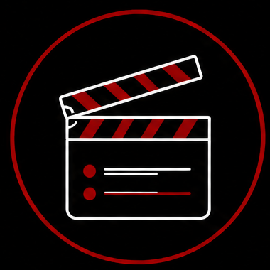 Film clapperboard icon with red and black striped top, white outline, red and black details, set against a black background with a red circular border.