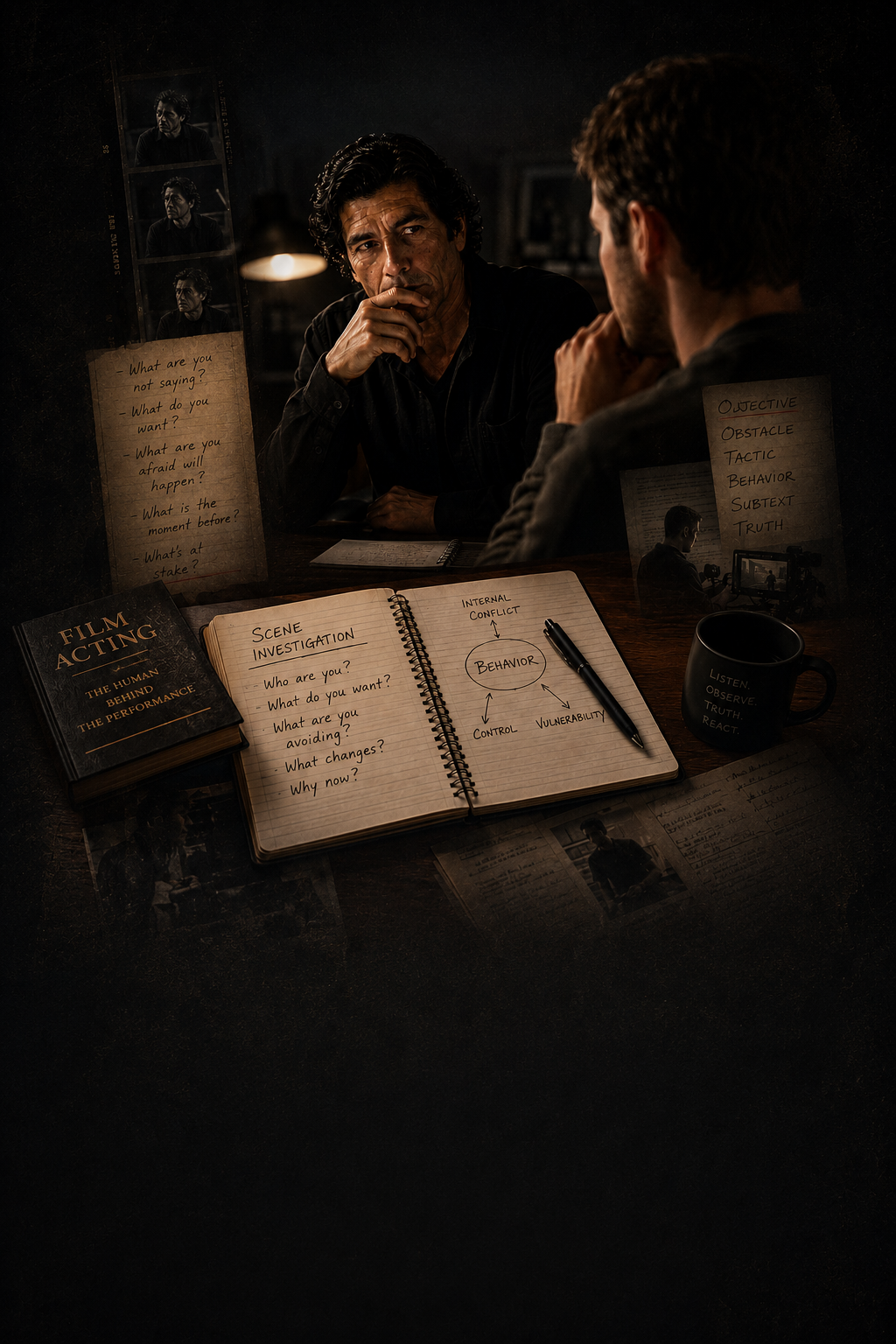 A man and woman having a serious discussion at a desk with film-related notes, a notebook on behavior, photos, and a mug.