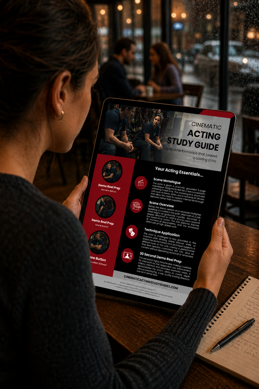 Woman holding a tablet displaying a cinematic acting study guide in a cafe, with a notebook and pen on the table.
