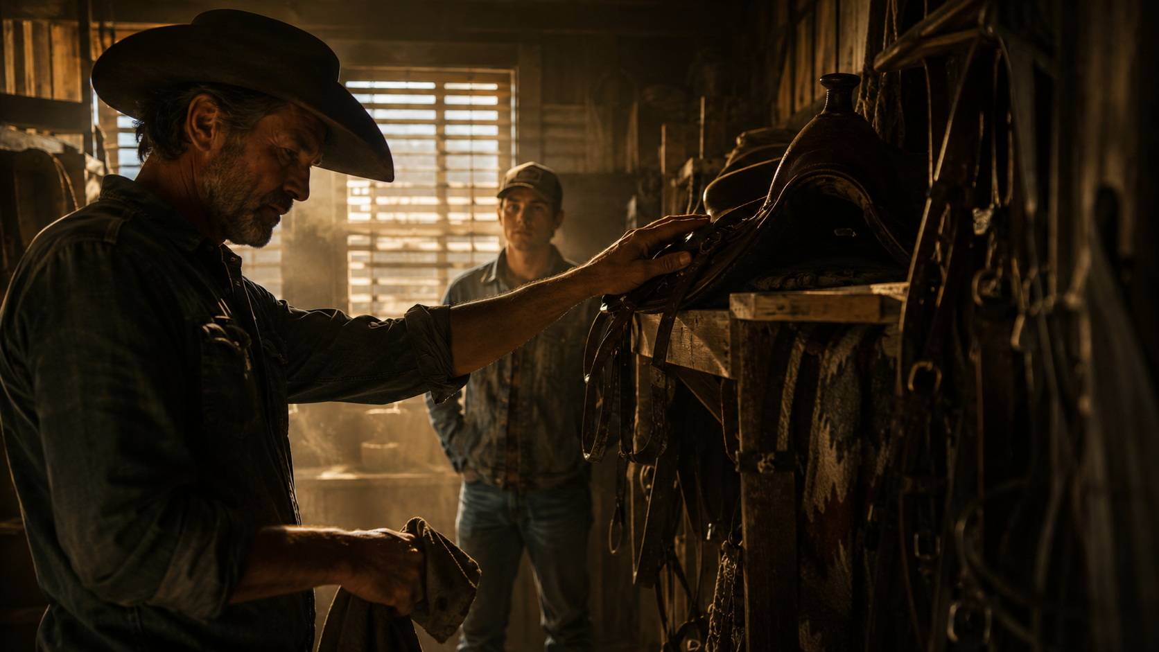 Two men in a barn, one touching a saddle on a wooden rack, the other observing, with sunlight streaming through window slats.