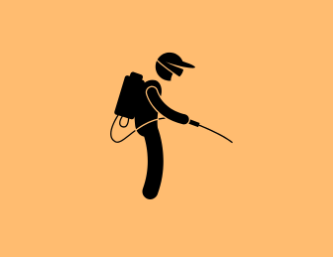 Silhouette of a person with a backpack and spray paint can, holding a spray tool, on an orange background