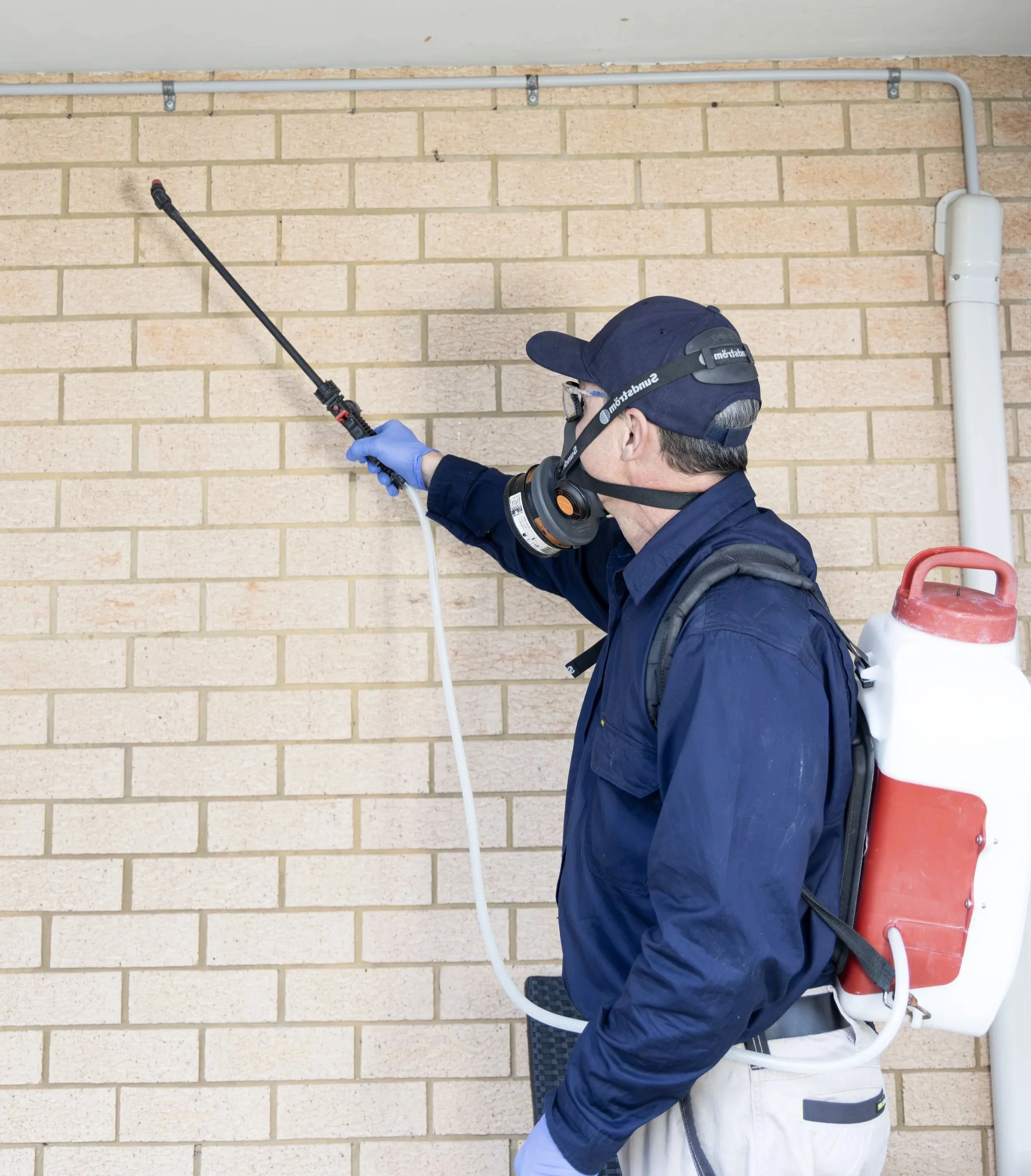 A pest control technician wearing a mask, gloves, and a backpack sprayer is spraying the exterior wall of a building with a pest control substance.
