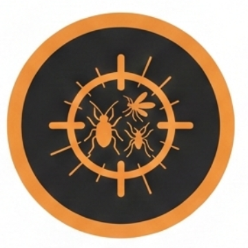 Design of a bug spray or insect repellent label featuring bugs and a spray target symbol in orange on a black background