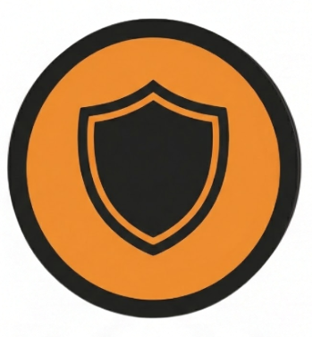 Orange circle with a black border and a black shield symbol in the center.