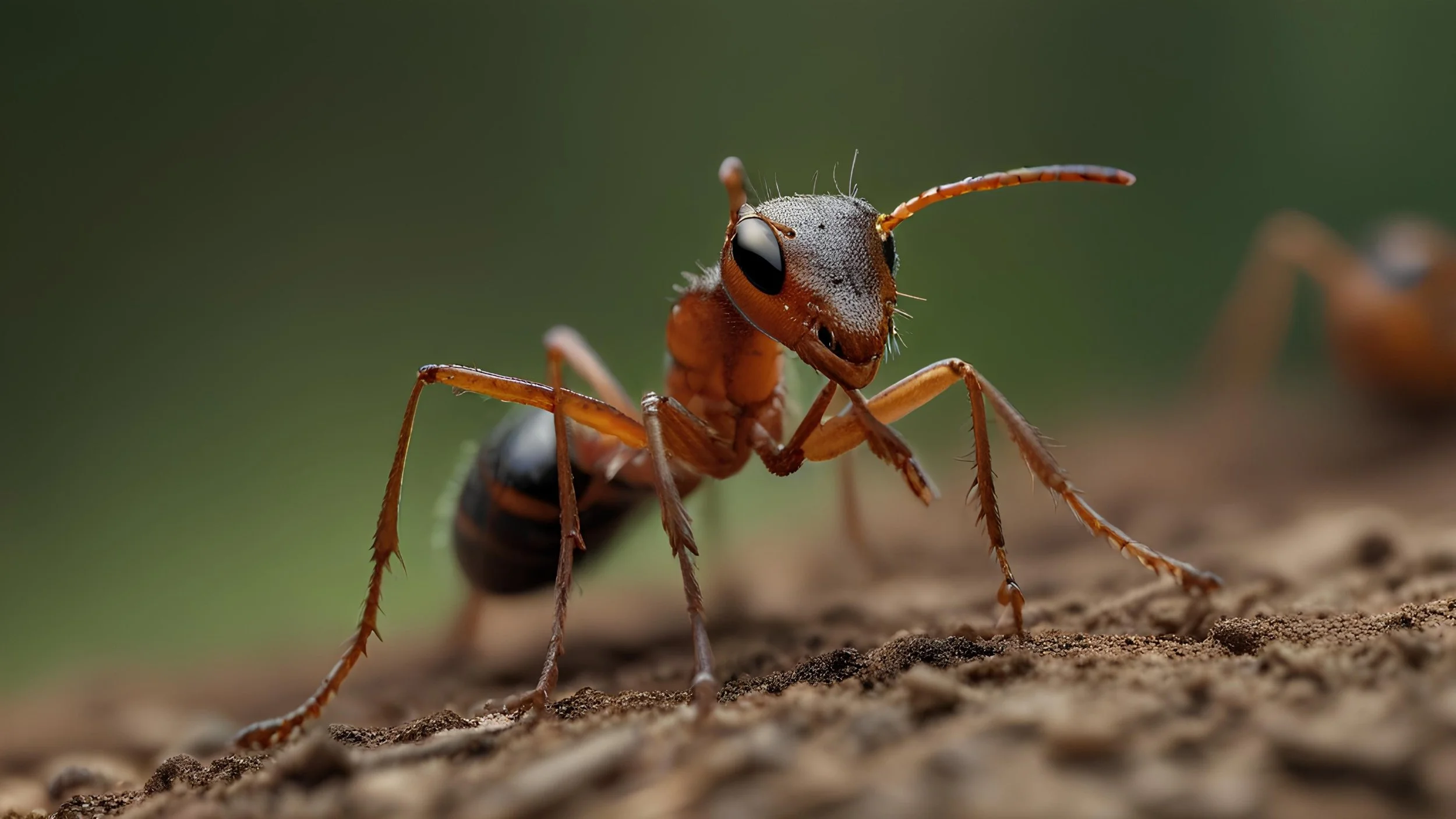Close-up of an ant walking on a dirt surface with a blurred background.