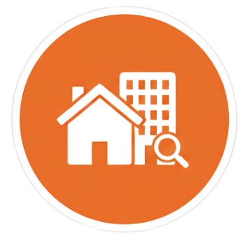 Icon of a house and a magnifying glass in front of a building, on an orange circular background.