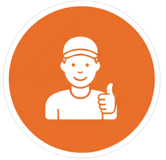 White icon of a smiling person giving a thumbs up on an orange circular background.