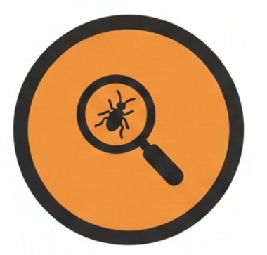 A magnifying glass with a bug inside, symbolizing bug detection or debugging.