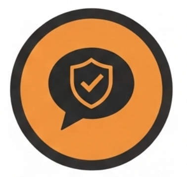 Icon of a speech bubble with a shield and checkmark inside, surrounded by an orange circle and black border.