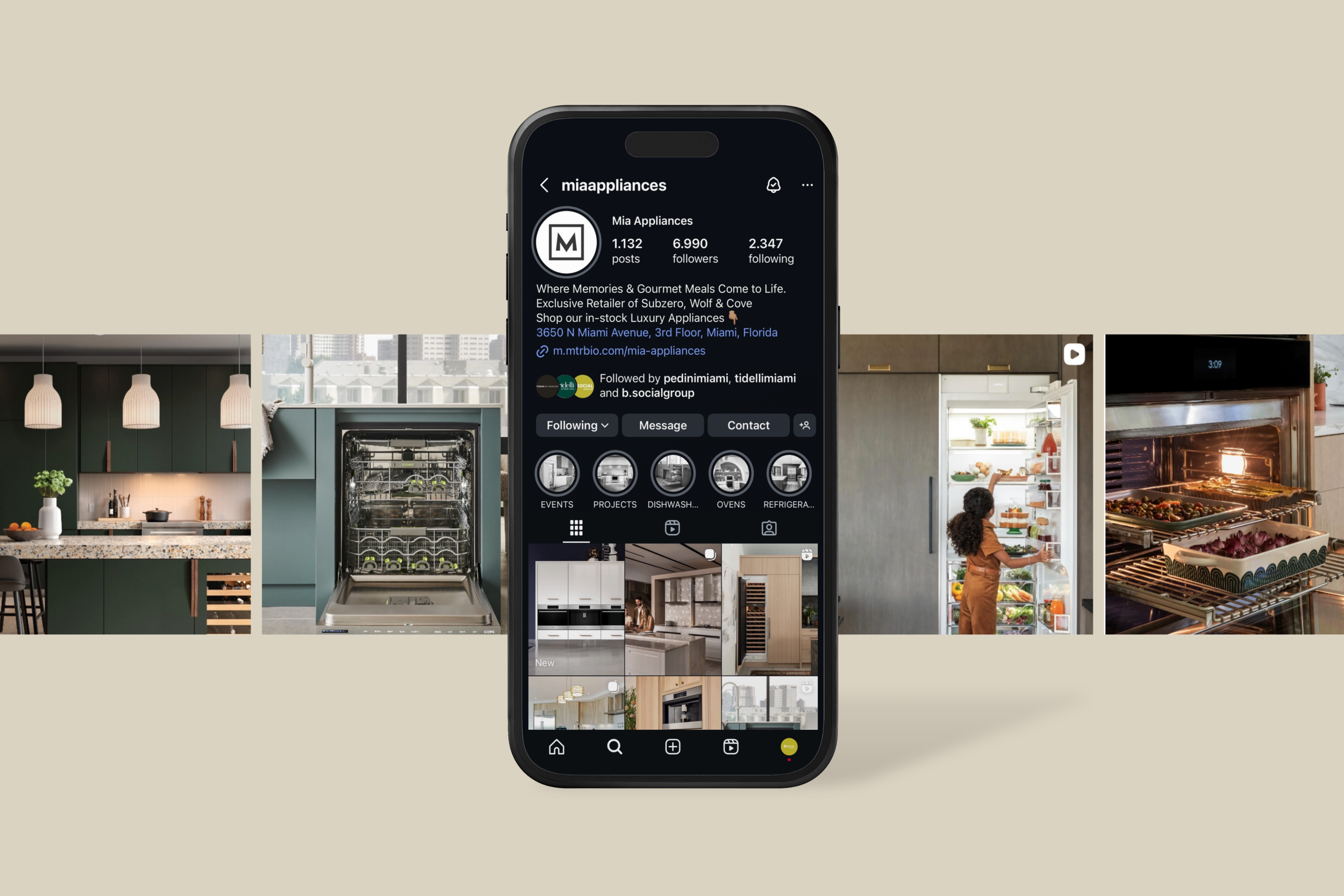 Instagram profile page displayed on a smartphone, centered, promoting luxury appliances with images of modern kitchens and appliances in the background.