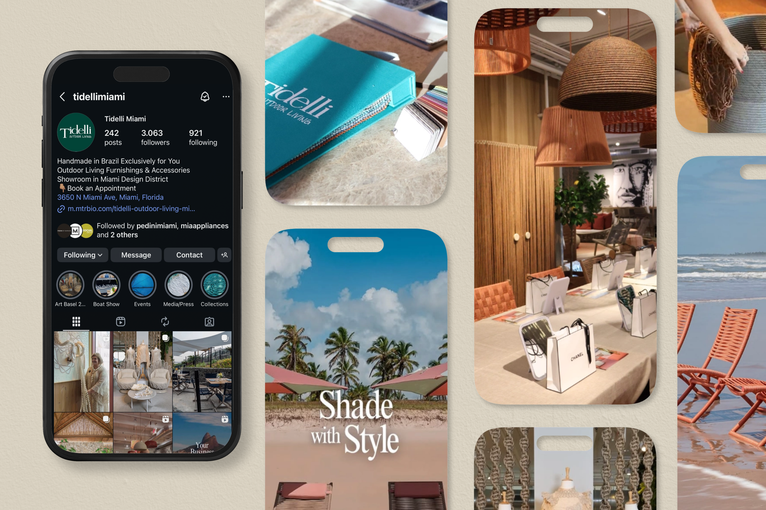 A collage of images related to outdoor living and home decor. It includes a smartphone screen showing an Instagram profile for Tidelli Miami, with photos of furniture and accessories. Other images depict beach scenes with umbrellas and palm trees, a 