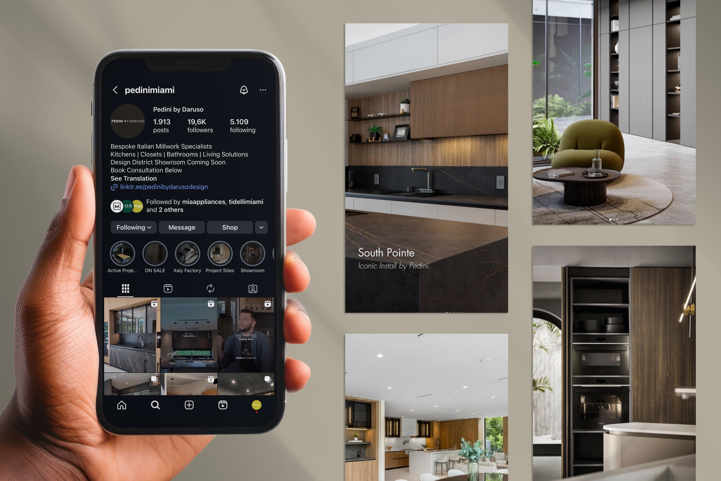 A person holding a smartphone with an Instagram profile for Pedini by Daruso visible on the screen. The background features a collage of four interior design images, including a kitchen, a living room, and built-in cabinetry, showcasing modern and mi
