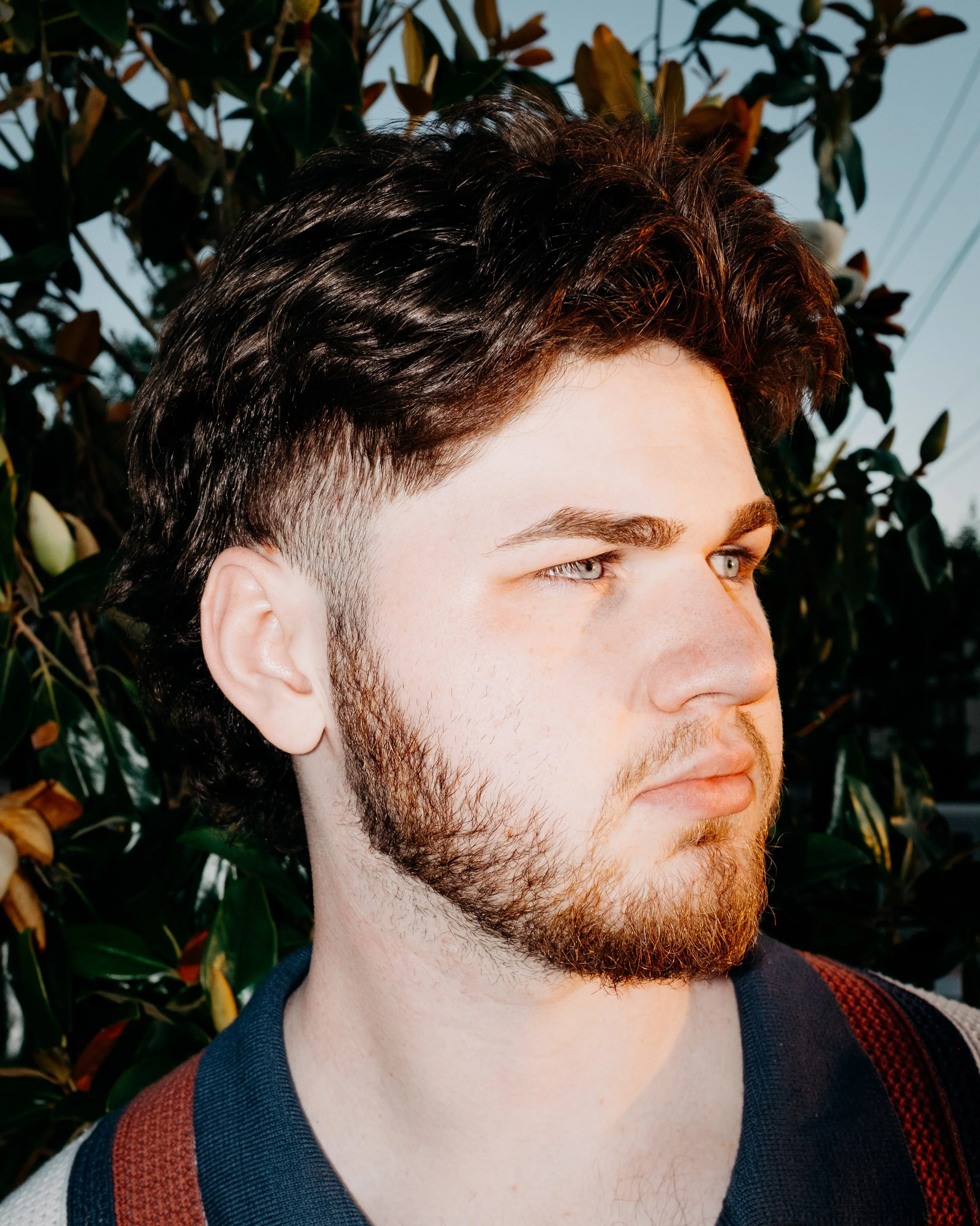 A young man with dark, styled hair and a beard, looking to the right, outdoors with leafy plants in the background.