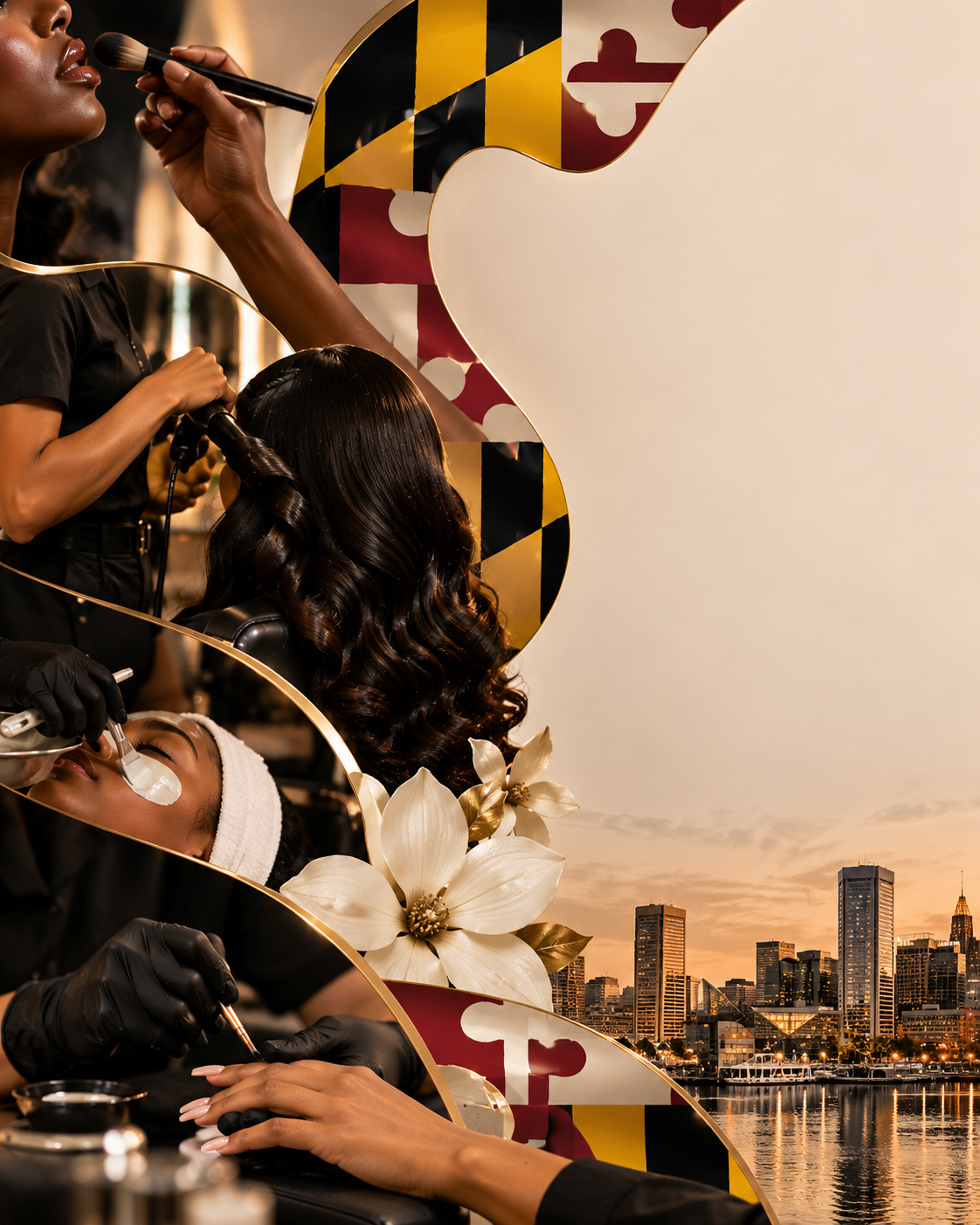 A makeup artist applies makeup on a woman with long, dark, curly hair in front of a city skyline at sunset, with decorative floral elements and geometric patterns in the background.