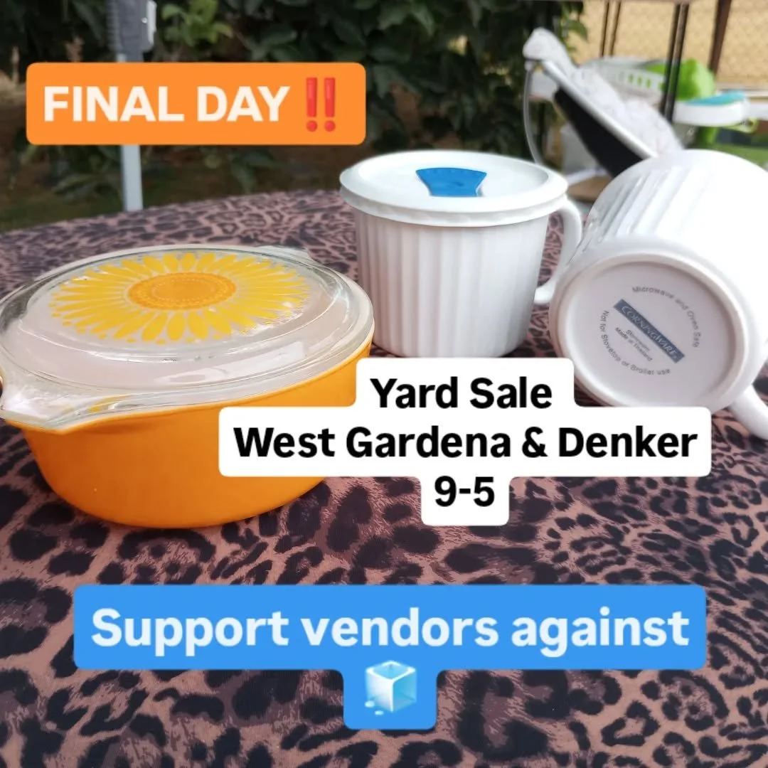 FINAL DAY of our yard sale for street vendors!! Come out for brand new inventory, to get plugged in with mutual aid efforts in the South Bay, and to support safe vending. Can't kidnap our people if they get to stay home 😎❤️

W Gardena Blvd &amp; Den