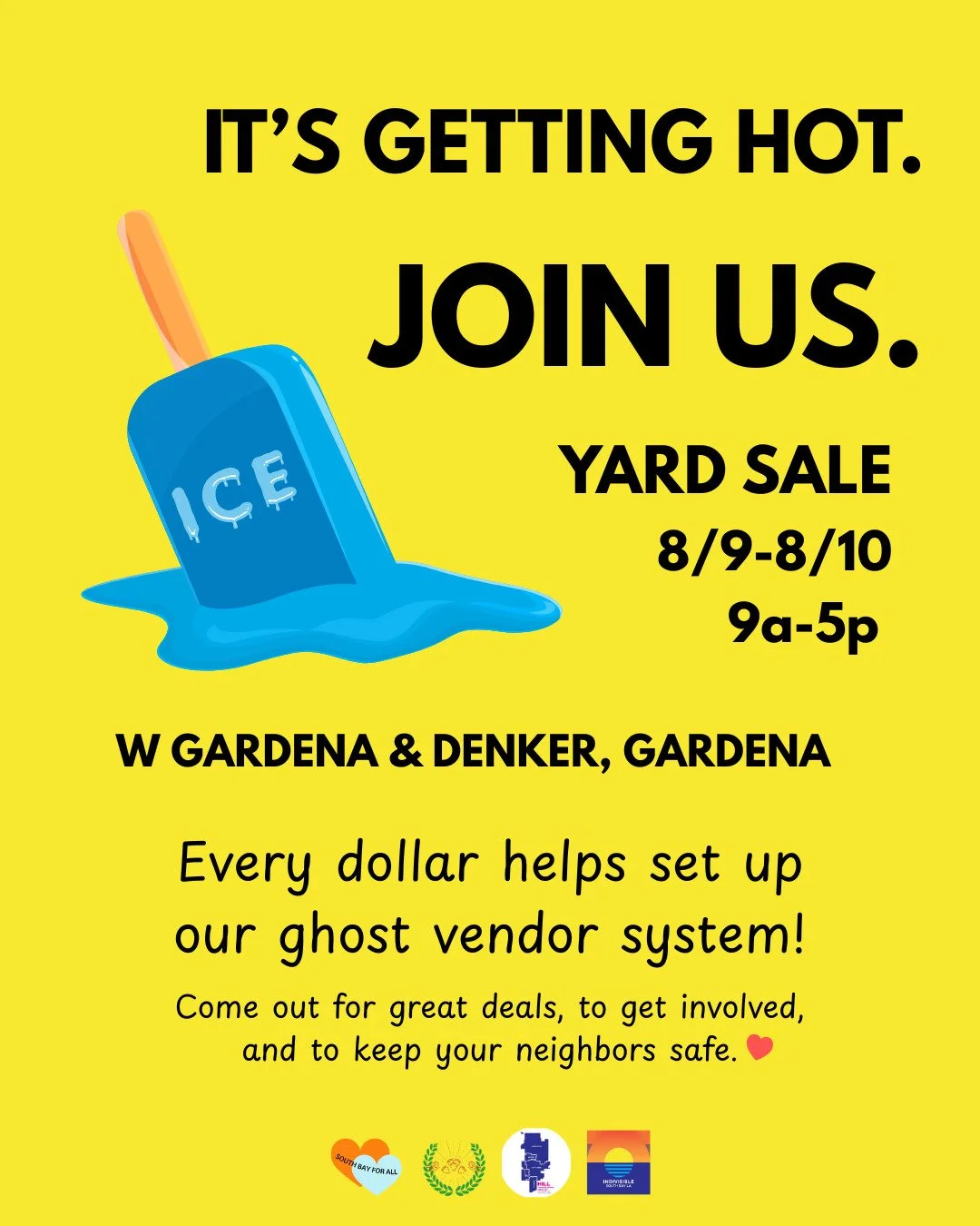 Reminder of our yard sale THIS WEEKEND @ W Gardena and Denker! Every dollar goes to setup of our ghost vendor system and ingredients to help vendors run their businesses safely. Come out, find a deal, and meet amazing organizers from South Bay For Al