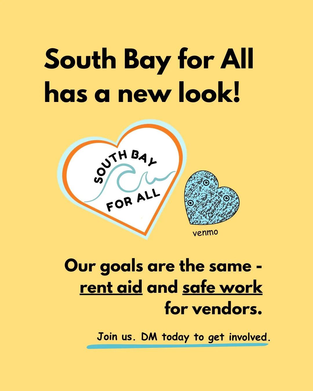 Thanks to our incredible volunteers, South Bay for All has a sweet new logo and an official Venmo account, @southbayforall. Due to its newness, our Venmo has been known to fire a scam alert when you donate! No worries - we're still the same org, secu