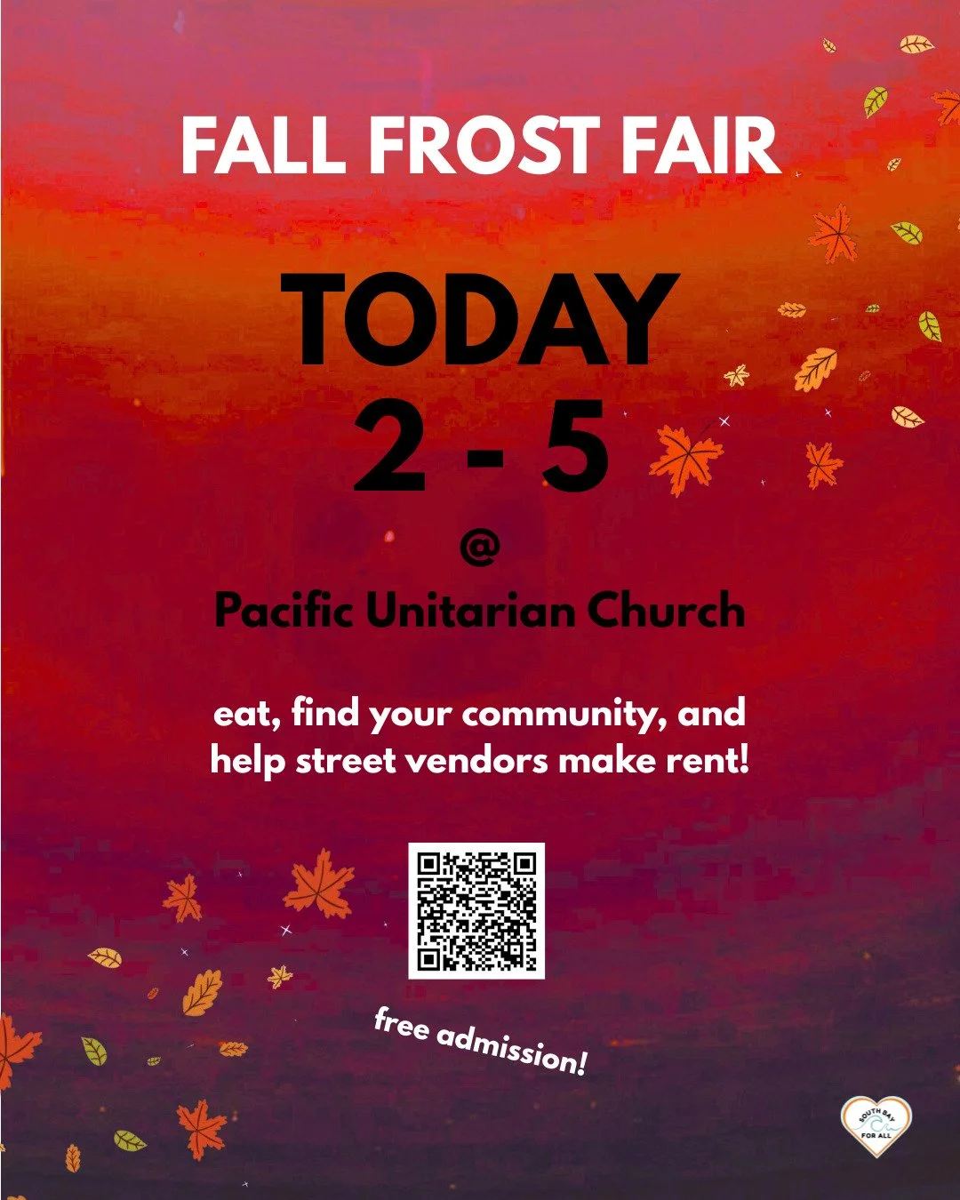 Come through for street vendors!! Join South Bay For All at Pacific Unitarian Church from 2-5 PM TODAY to buy vendor-catered food and join in community with 12+ amazing mutual aid and electoral orgs in the South Bay. Admission is FREE and all donatio