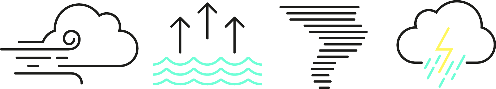 Illustration of weather conditions: wind, high waves, tornado, and thunderstorm.