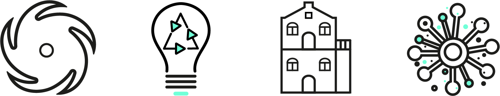 Information graphic with icons representing hurricane, energy efficiency, modern coastal architecture, and anti mold.
