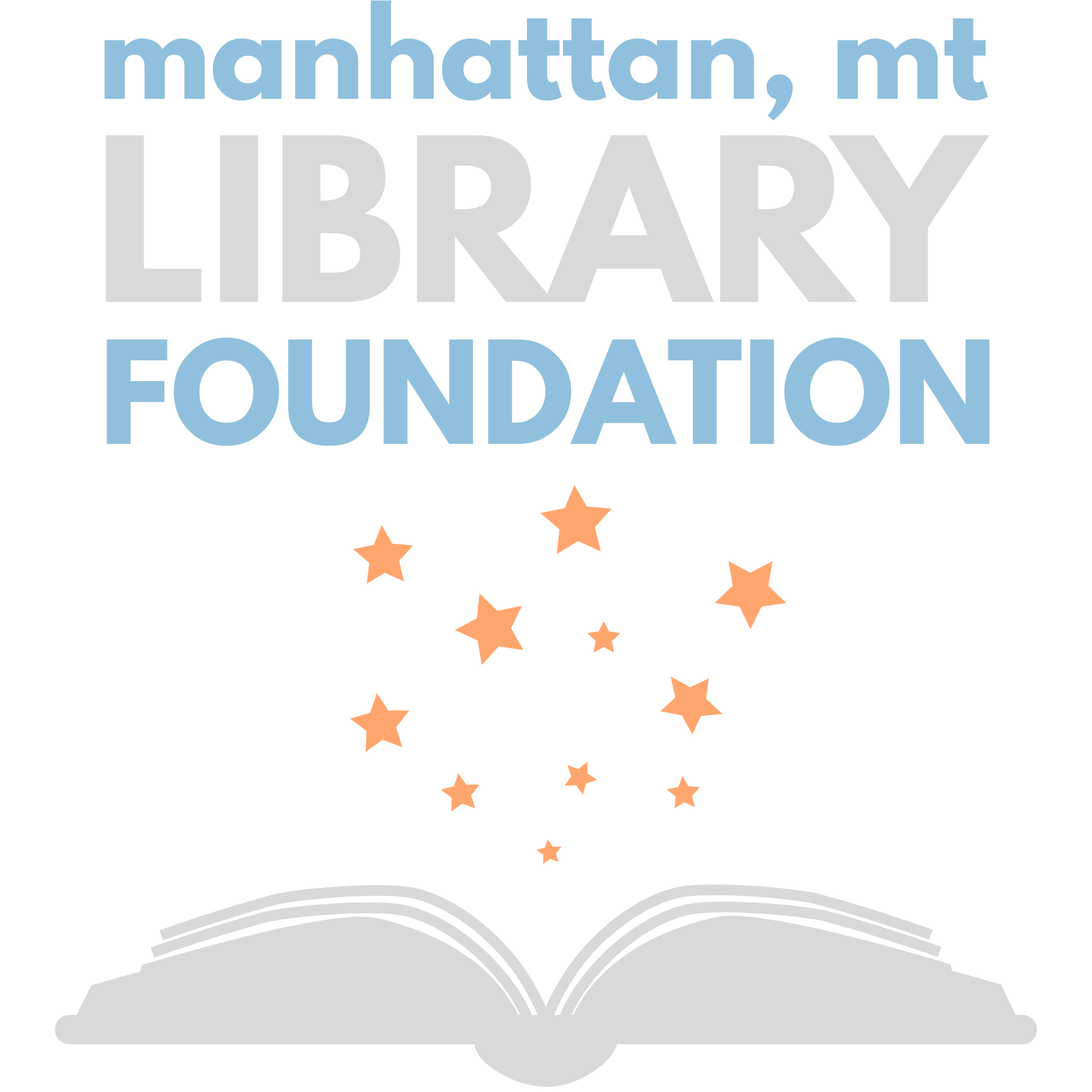 Logo for Manhattan MT Library Foundation which is an open book with stars floating out of it and the name above it