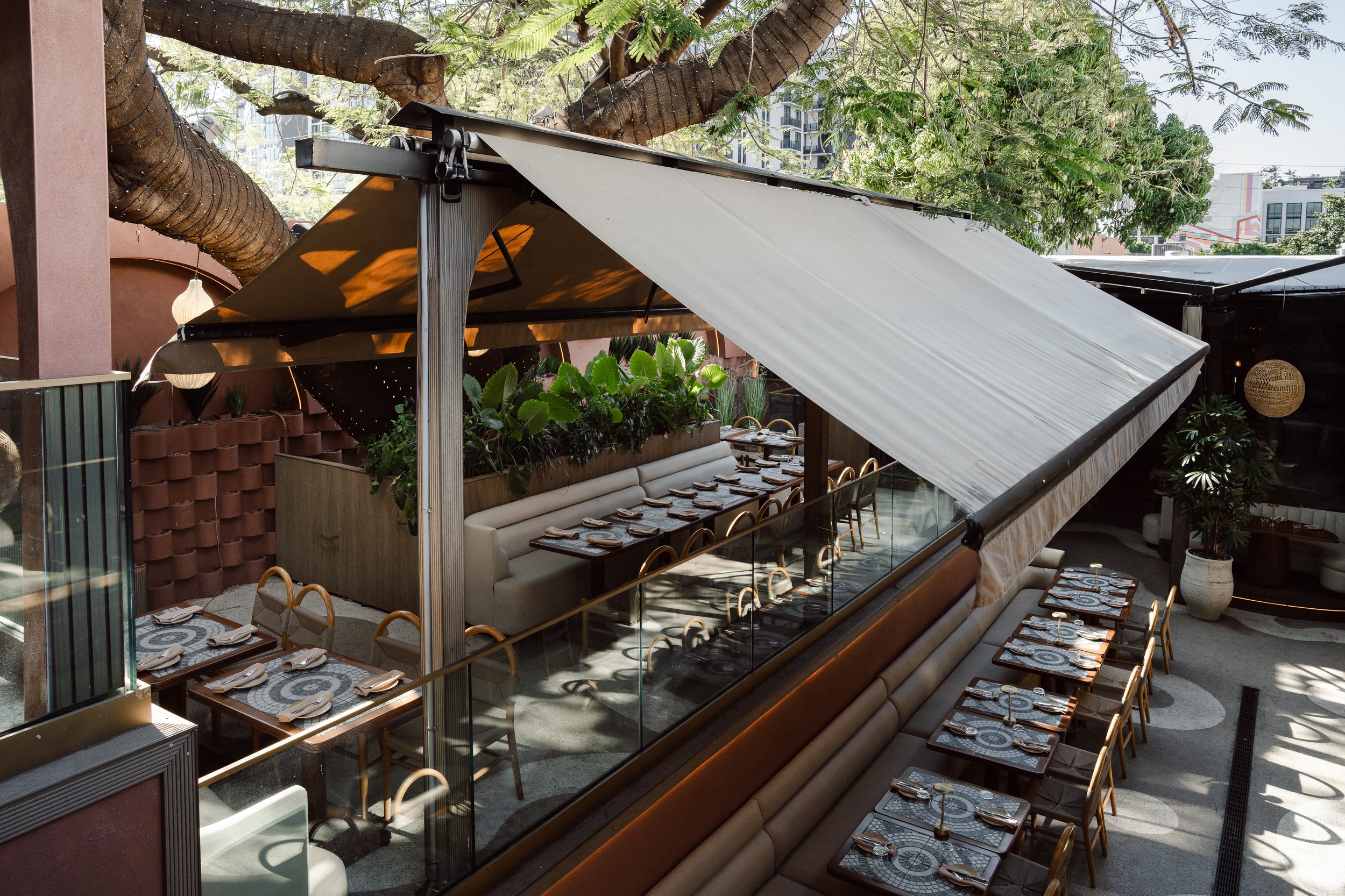 Outdoor restaurant patio with tables set for dining, surrounded by green plants and shaded by a tree. There is a large tree in the background and modern buildings in the distance.