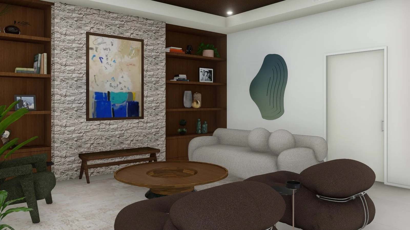 Living room with beige sofa, a window with blue light, a wall-mounted TV, and stacked boxes on the right.