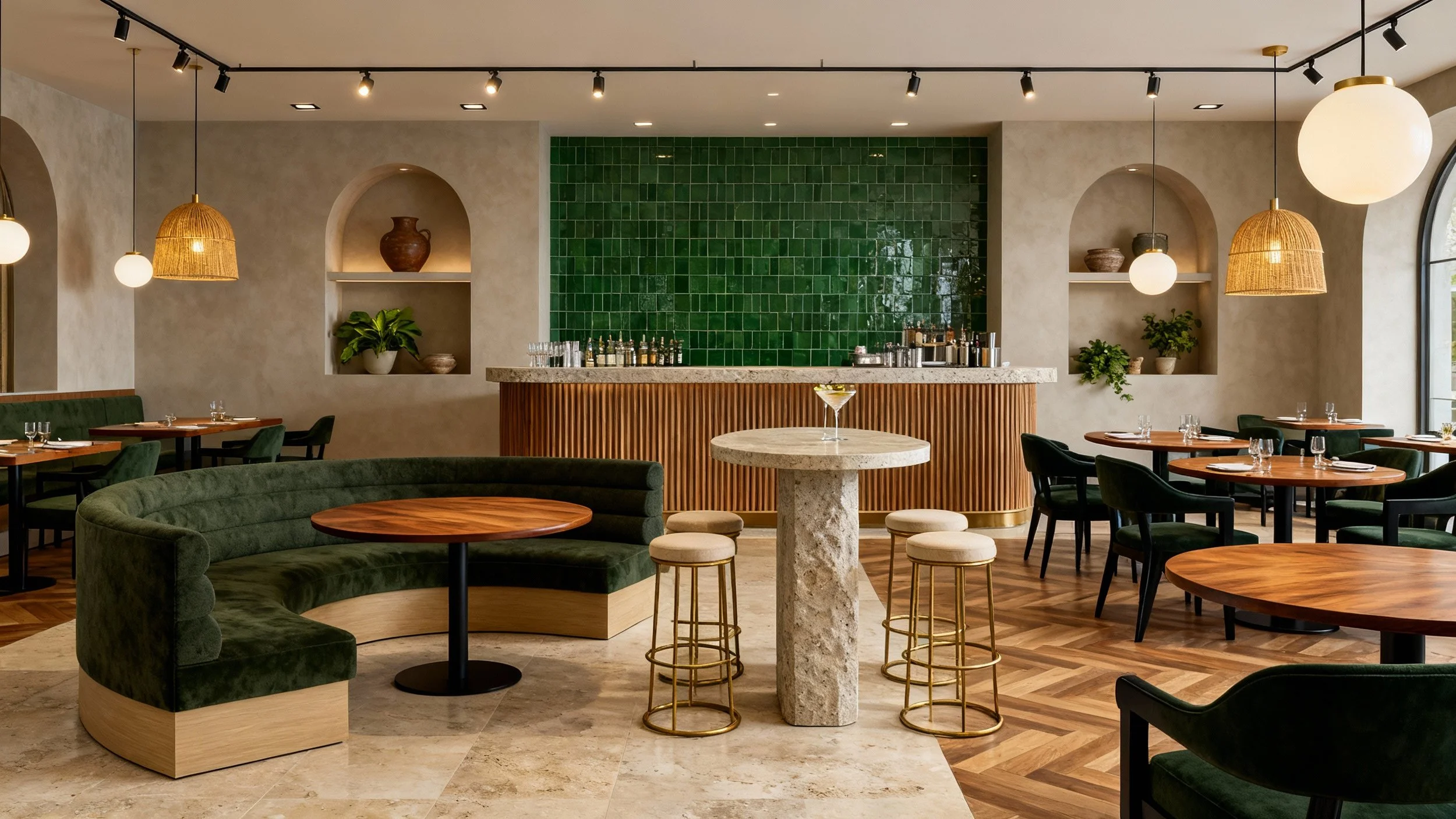 Elegant restaurant interior with green velvet booths, wooden tables, a bar with green tiles, and contemporary lighting fixtures.