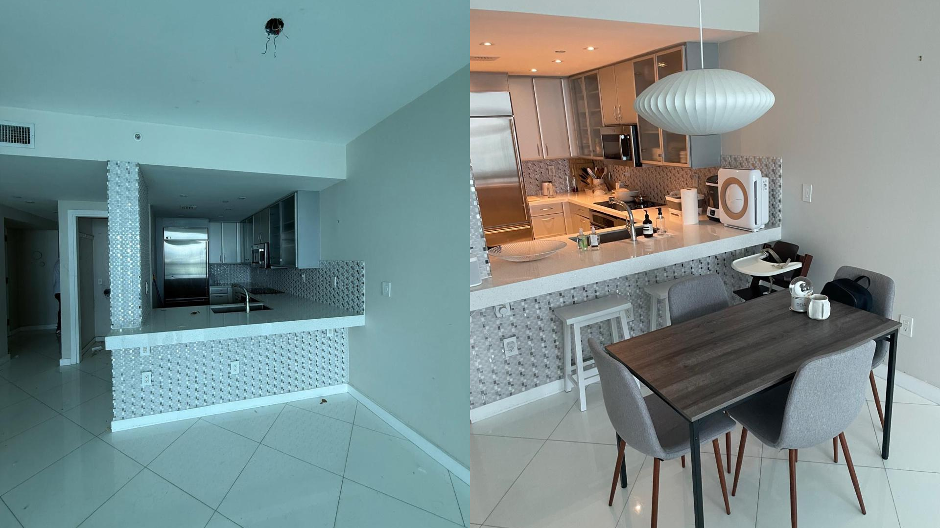 Side-by-side view of two images showing a modern kitchen and dining area. The first image is darker and shows the kitchen with white tile flooring, a white countertop, and a textured tile backsplash. The second image is brighter, featuring a kitchen with light-colored cabinetry, a patterned backsplash, a sink, coffee machine, and a large white pendant light, with a dining table and chairs nearby.