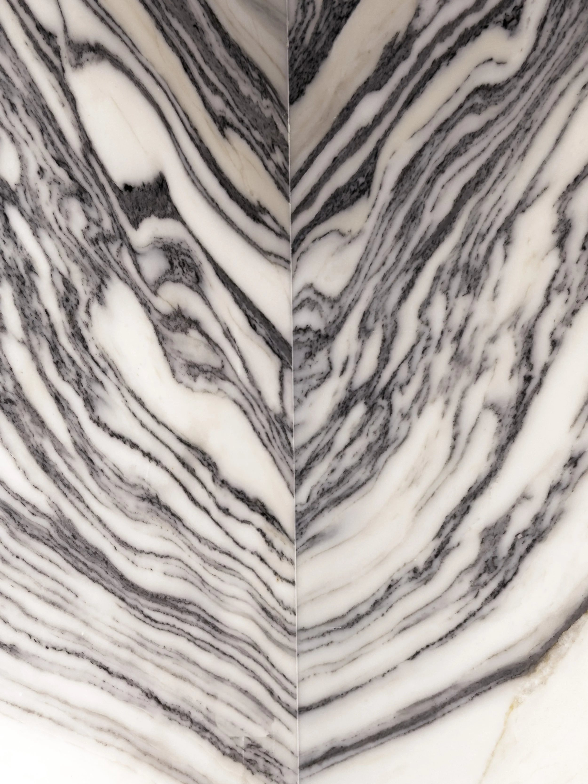 Close-up of black and white striped marble with swirling patterns.