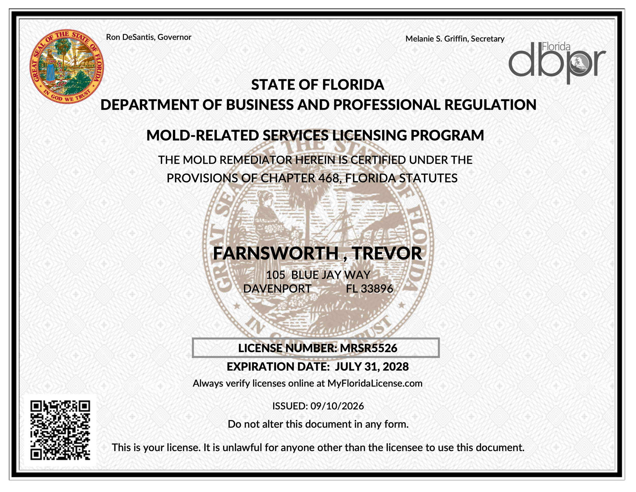 Florida License awarded for Mold Remediation listed at 105, Blue Jay Way, Davenport, FL 33896