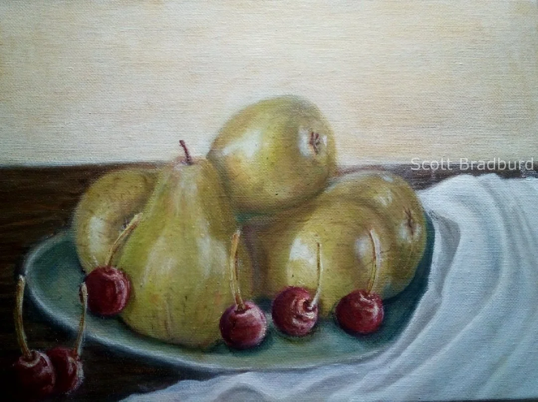 " A Study of Pears and Cherries"
12" X 14"
Oil on Linen