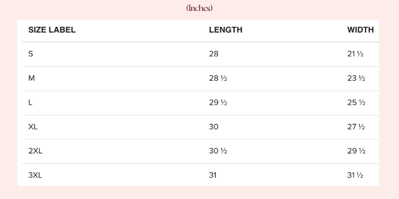 Size chart for clothing with measurements in inches for sizes S, M, L, XL, 2XL, and 3XL, showing length and width.