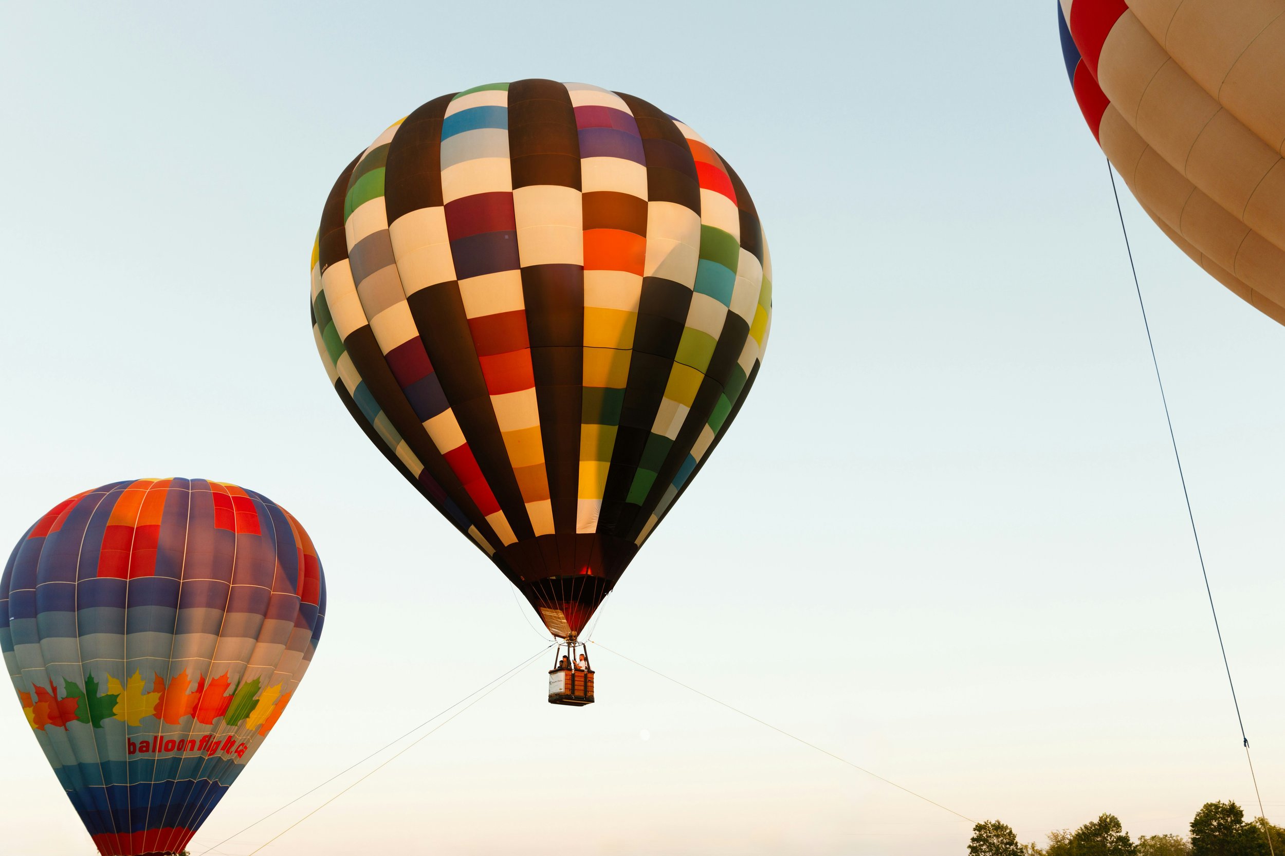 Three colorful hot air balloons floating over Plano, TX during daytime, with trees at the bottom of the image.