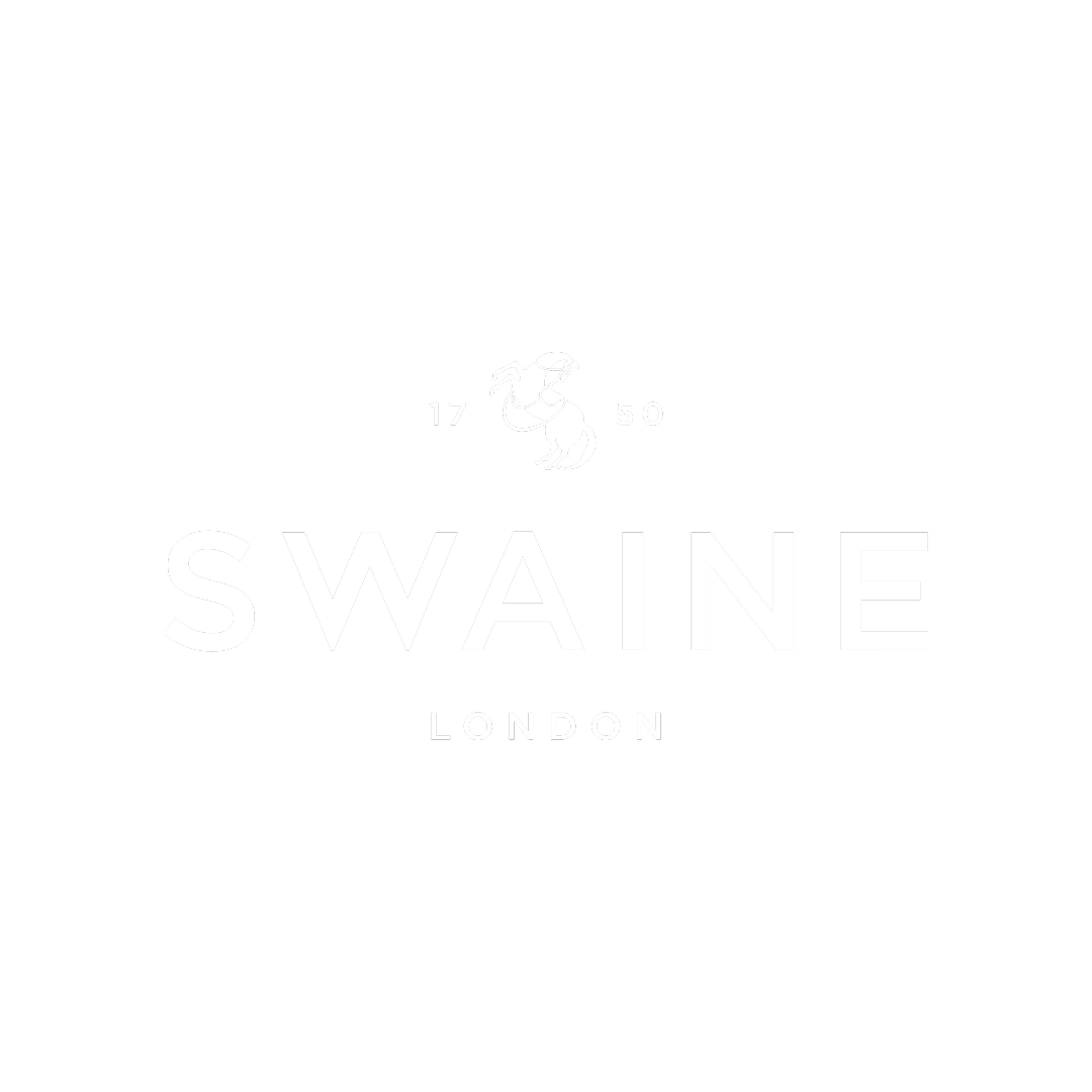 Black background with white logo text 'Swaine London' and a rooster illustration above, with '17' and '50' on either side of the rooster.