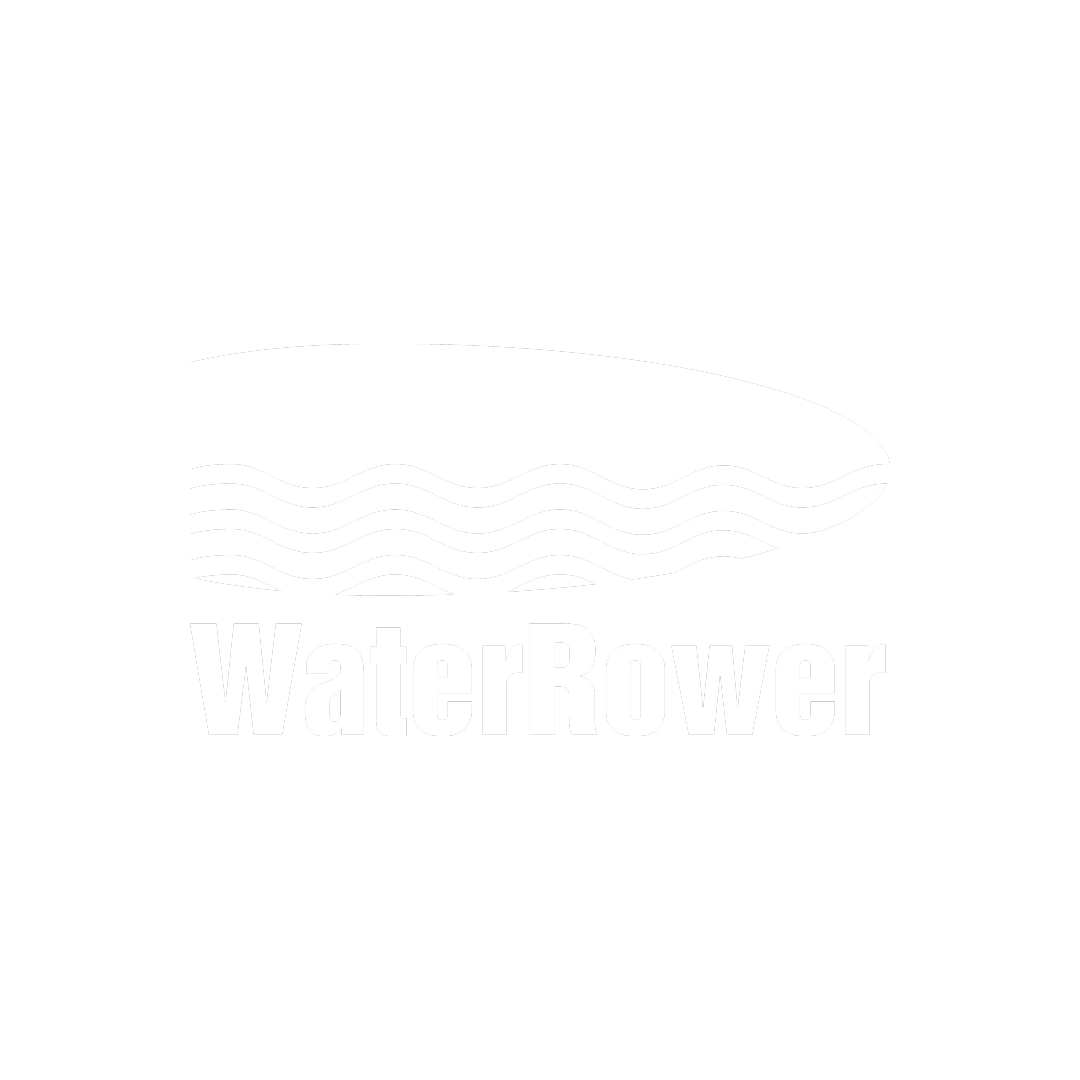 Logo with a surfboard and wavy lines above the word "WaterRower" on a black background.