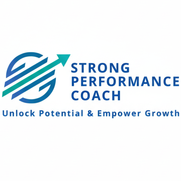 Logo of Strong Performance Coach with an upward arrow and the tagline 'Unlock Potential & Empower Growth'