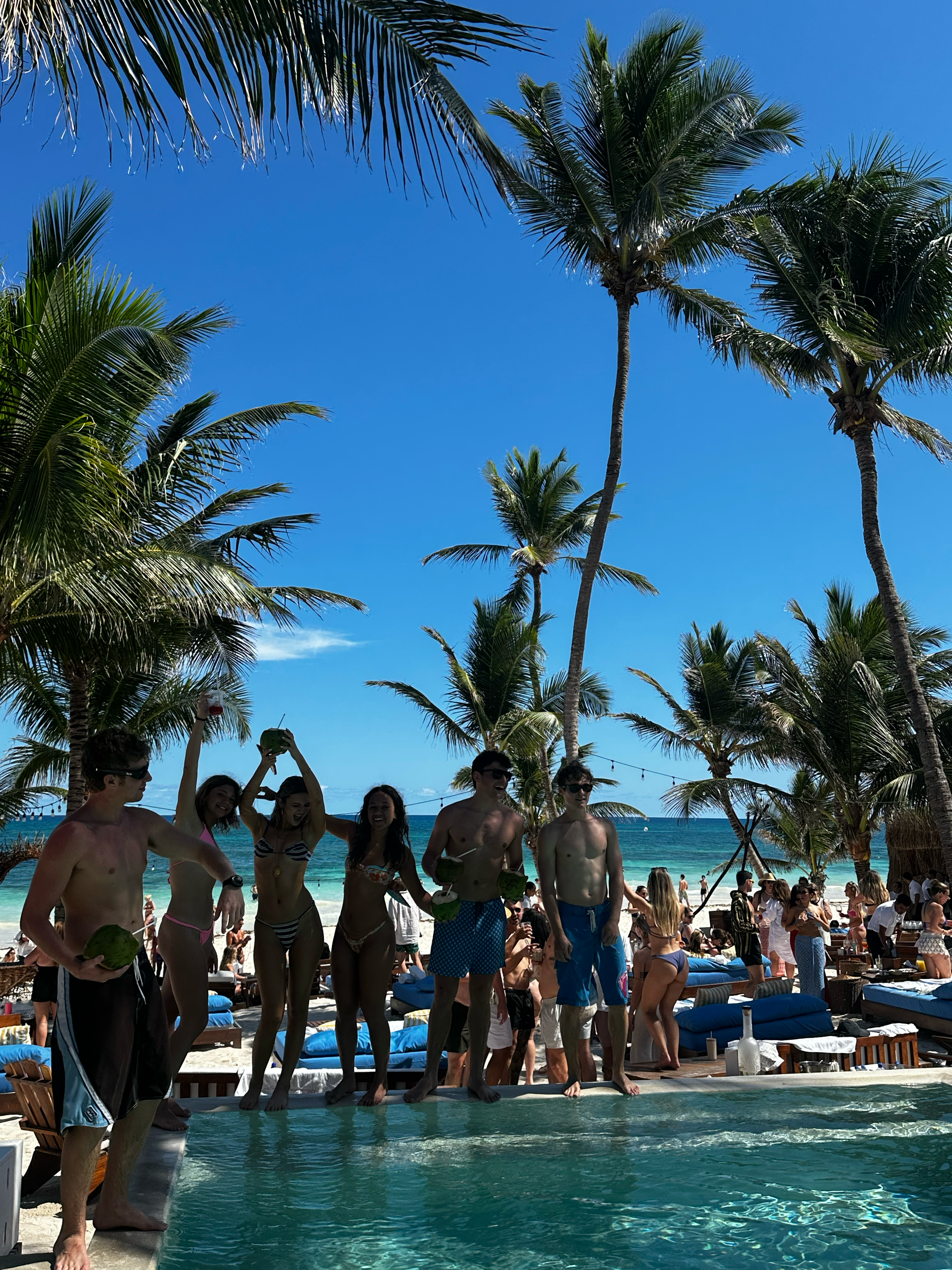 People enjoying a poolside gathering with palm trees and blue sky in a tropical setting, some holding coconuts and taking photos.