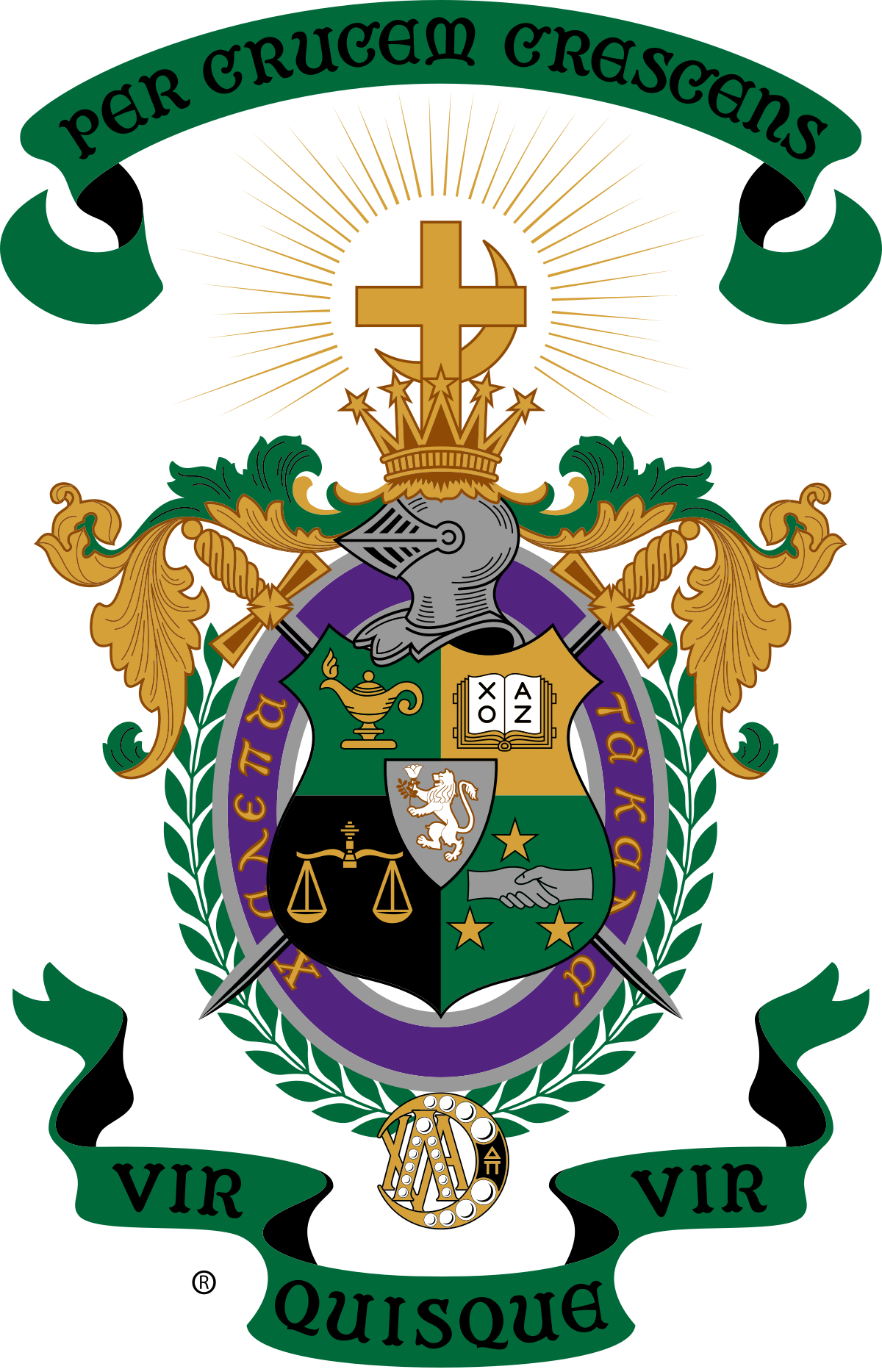 A shield with symbols representing law, justice, and authority, surrounded by a laurel wreath, with a banner above reading "Per Crucem Crescens" and a ribbon below with the words "VIR QUIRQUE VIRTUS."