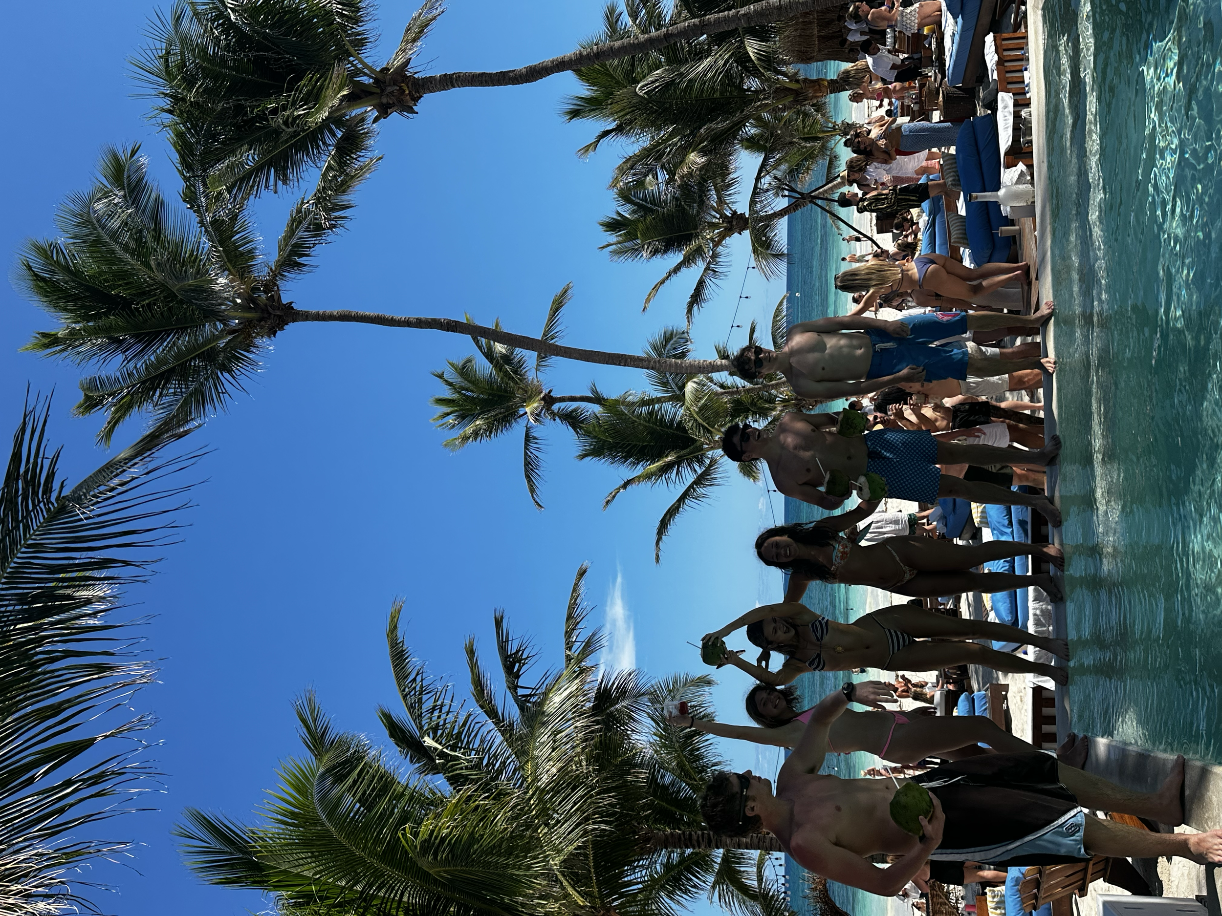 People enjoying a poolside gathering with palm trees and blue sky in a tropical setting, some holding coconuts and taking photos.