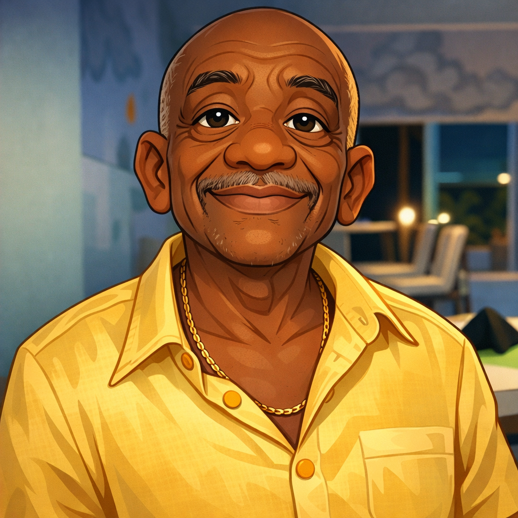 A cartoonish drawing of an older man with dark skin, bald head, smiling with a mustache, wearing a yellow shirt and a gold chain necklace, in a cozy indoor setting with a lit lamp and chairs in the background.