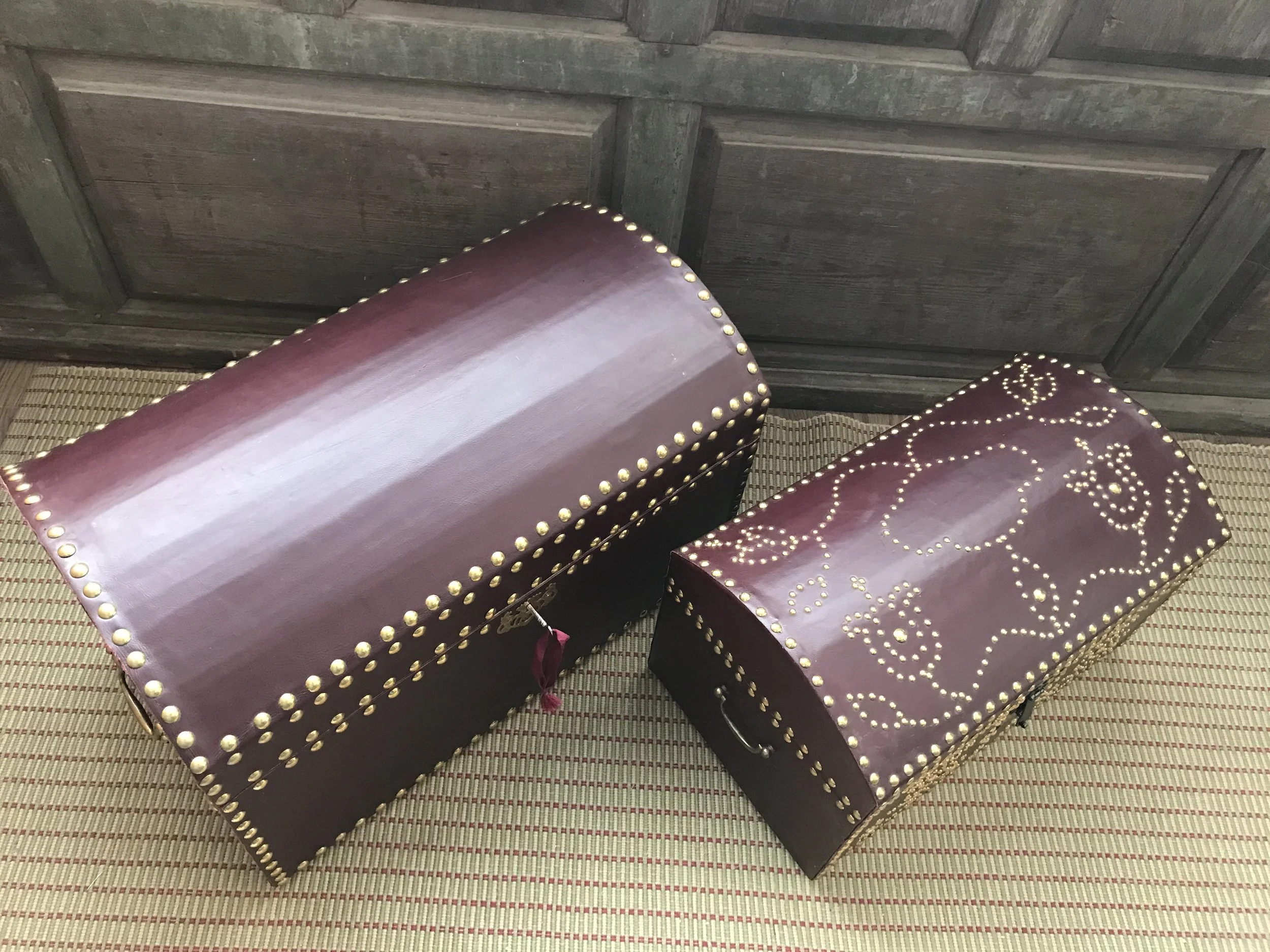 One is portrayed as being suited for travel, the smaller perhaps as a document box.