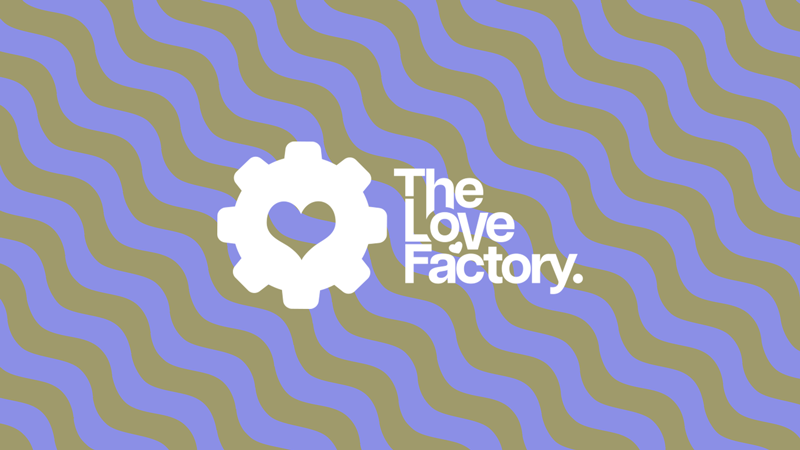 Pattern of wavy lines in purple and beige with a white gear icon containing a heart shape inside and the text 'The Love Factory' next to it.