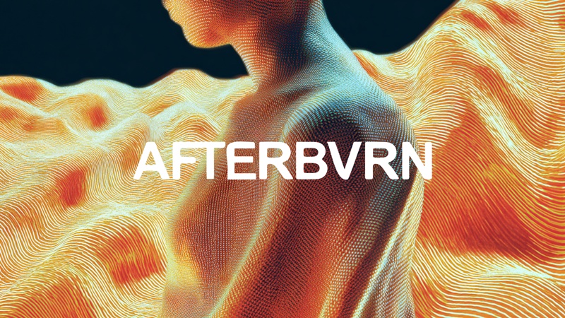 Abstract digital artwork of a human figure with a flowing, wave-like fabric in orange and blue colors, with the text "AFTERBVRN" overlaid.