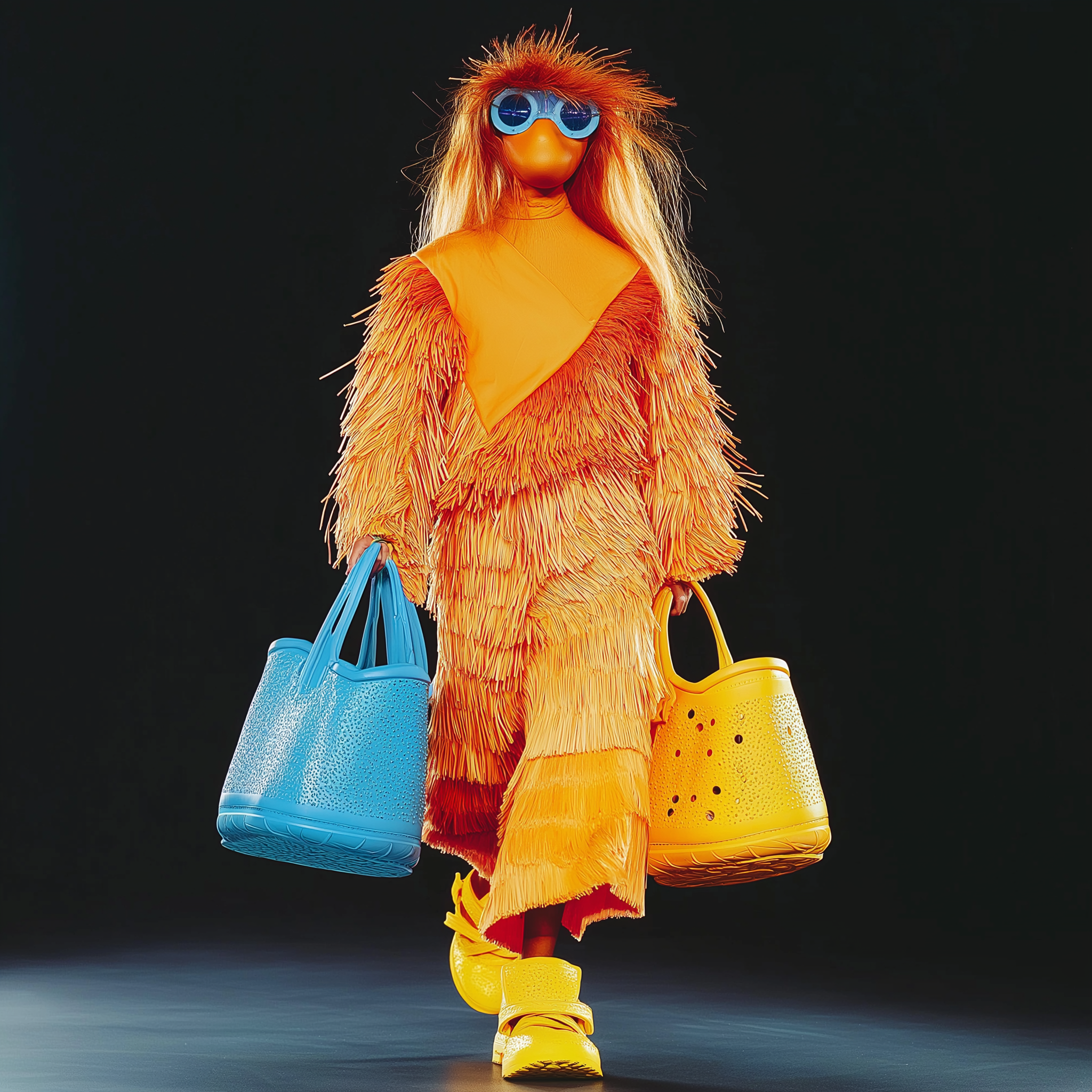 Person in a bright orange furry costume with large blue sunglasses, yellow boots, carrying blue and yellow bags, standing on a dark background.
